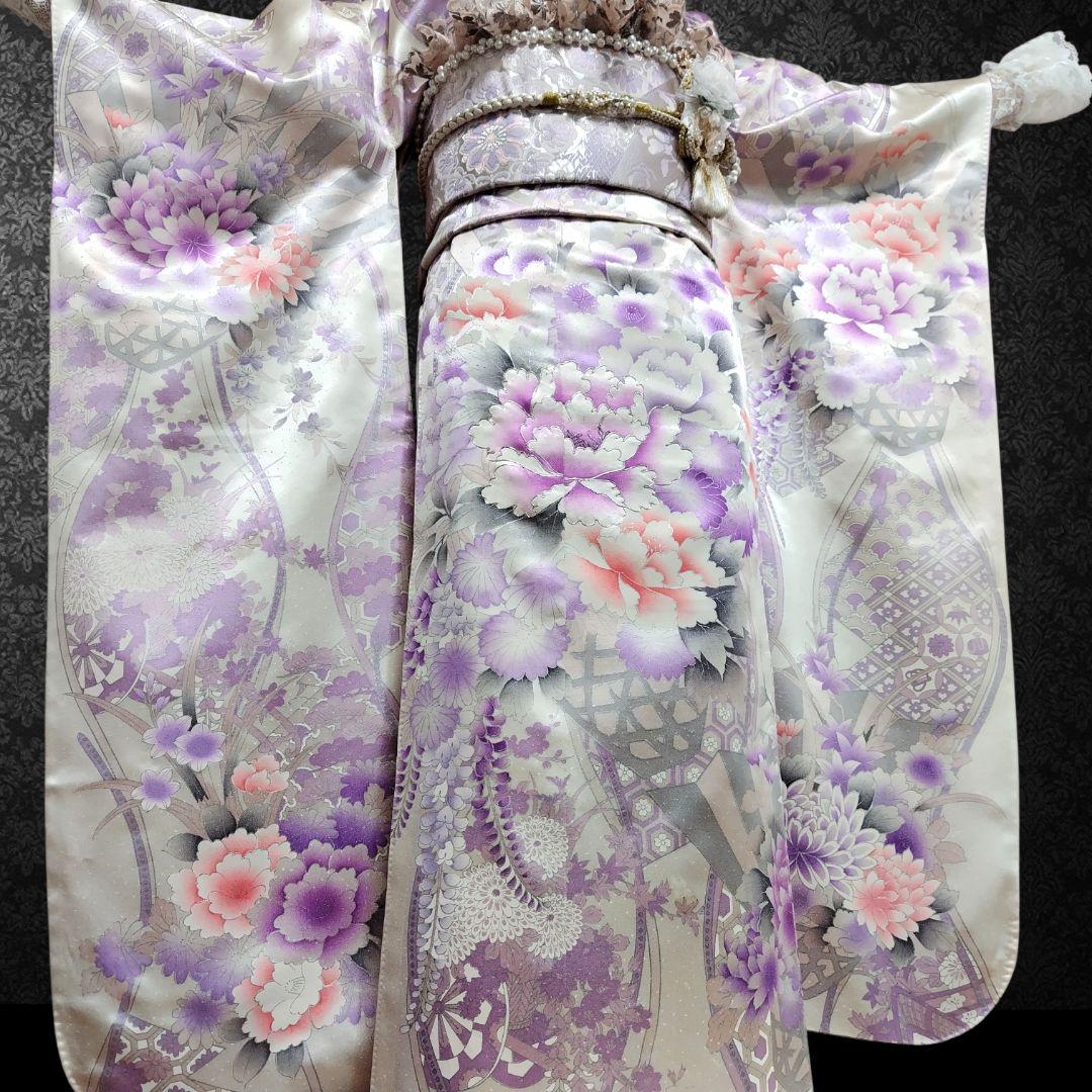 振袖フルセット(12点)・成人式・くすみ・豪華刺繍・銀彩加工・大輪牡丹・正絹