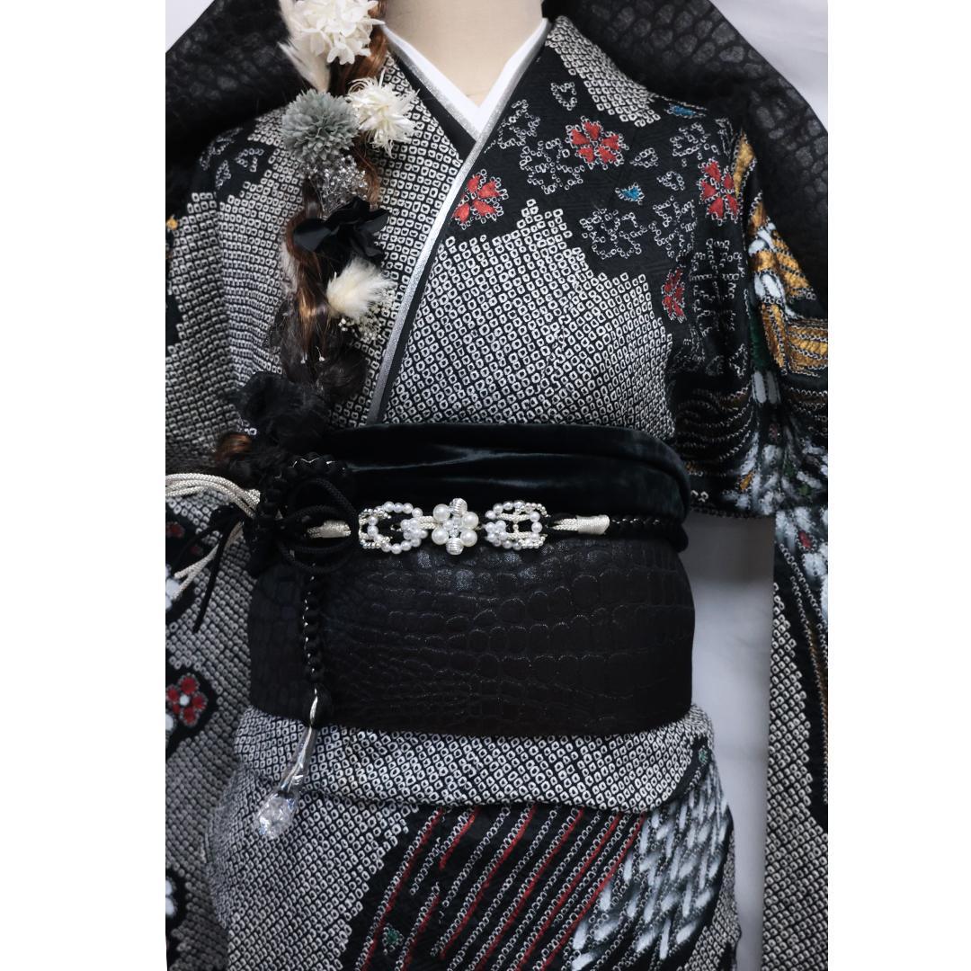 極美品！希少◆ 振袖6点セット ◆丈159cmフルセット総絞り黒ブラック53Bw