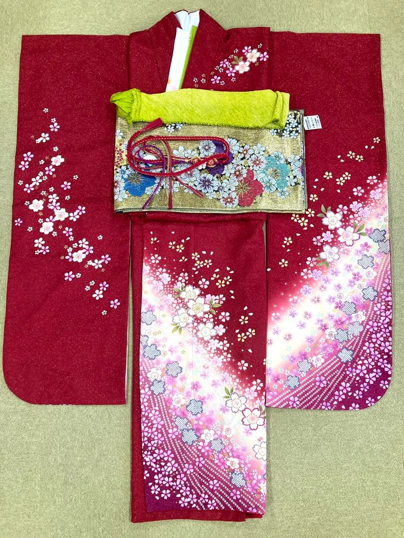 振袖フルセット 7点セット 赤色 振袖袋帯長襦袢重ね衿刺繍半衿帯締帯揚