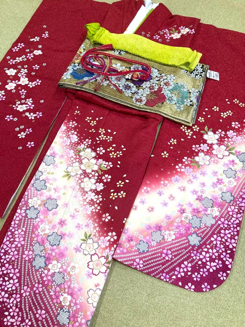 振袖フルセット 7点セット 赤色 振袖袋帯長襦袢重ね衿刺繍半衿帯締帯揚