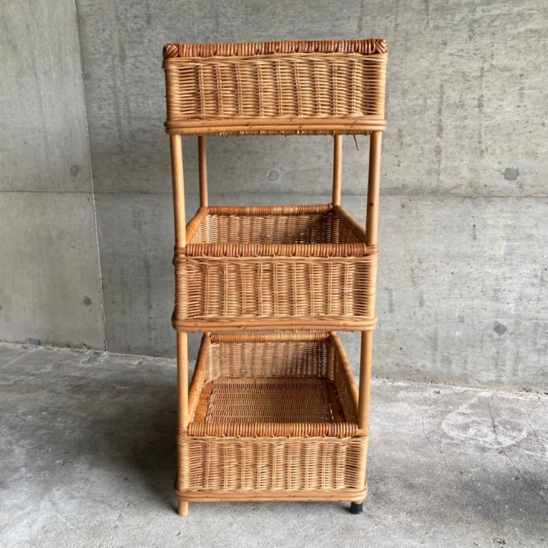 籐 ラタン 3段 収納 ラック 脱衣籠 バスケット スタンド 大型 レトロ