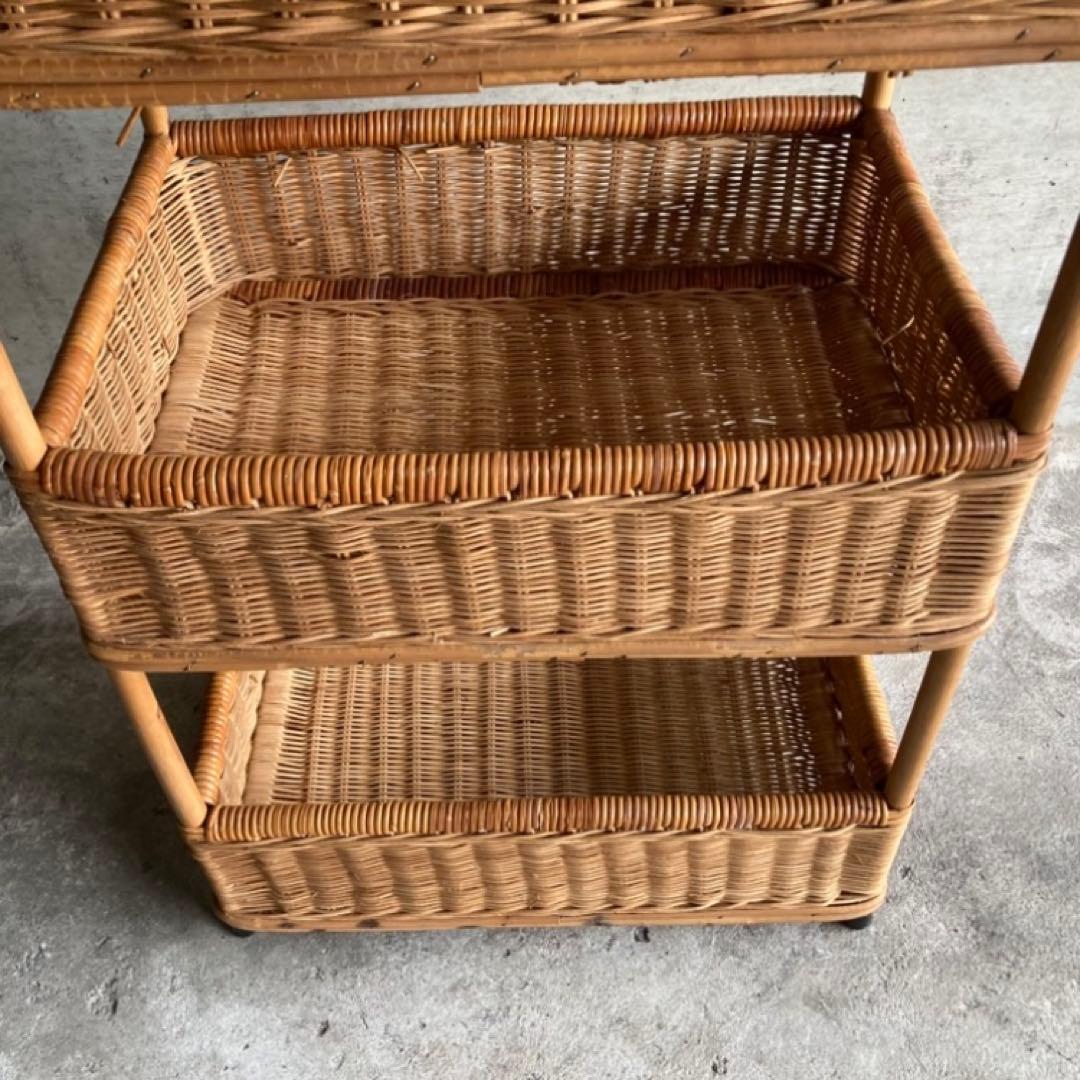 籐 ラタン 3段 収納 ラック 脱衣籠 バスケット スタンド 大型 レトロ