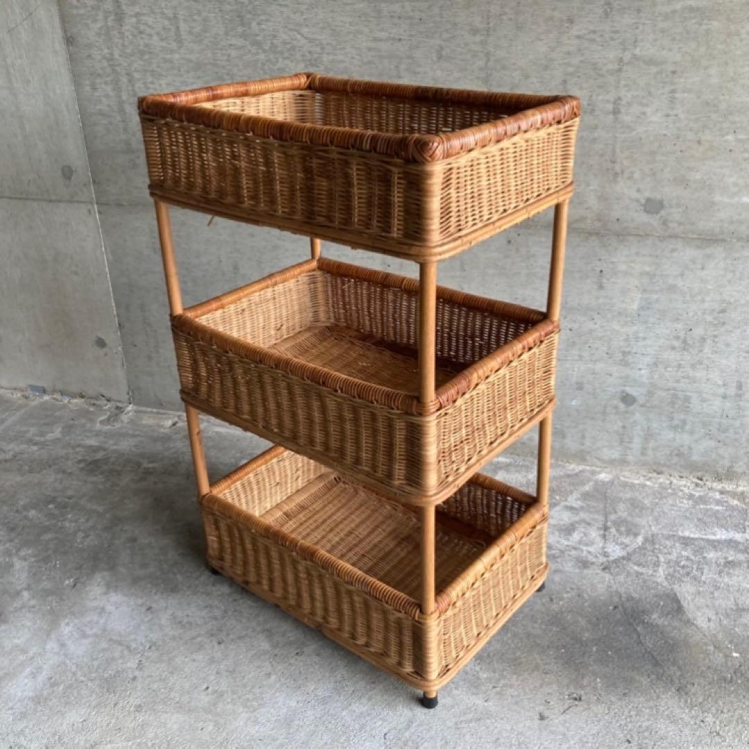 籐 ラタン 3段 収納 ラック 脱衣籠 バスケット スタンド 大型 レトロ