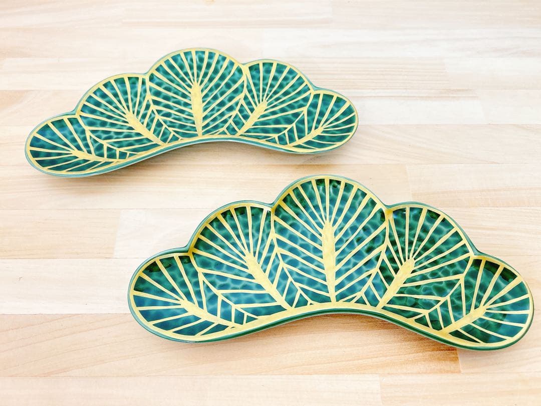 ズバン☆様ご依頼品　有田焼　幸楽窯　錦金松葉形前菜皿　茶緑金　4点セット