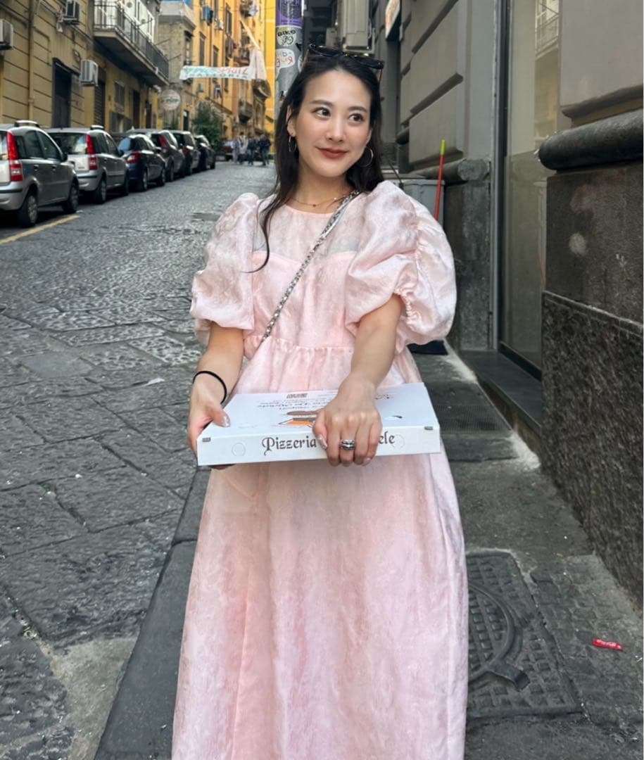 【美品】ANDRSED バブルスリーブジャガードドレス ピンク　S