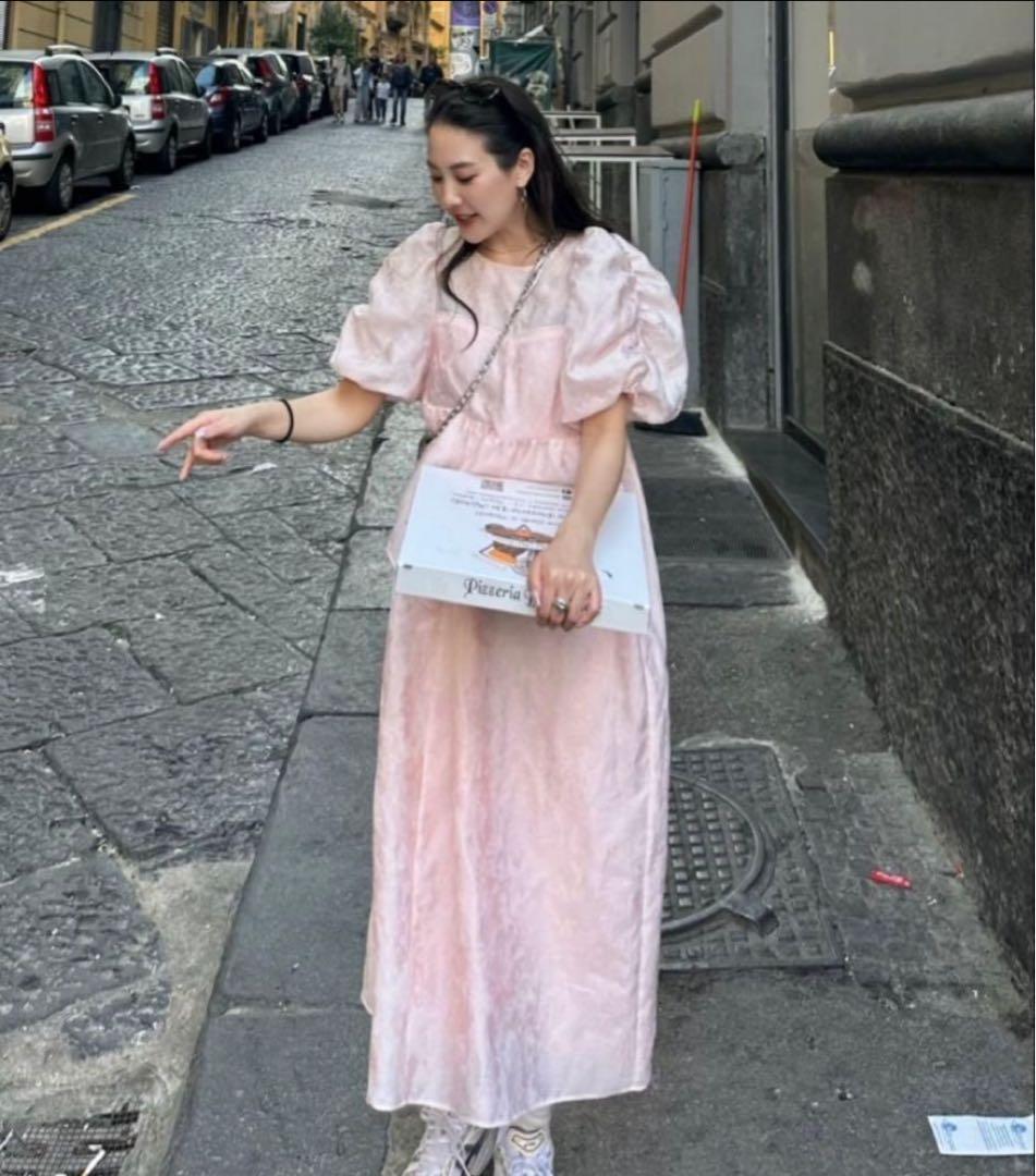 【美品】ANDRSED バブルスリーブジャガードドレス ピンク　S