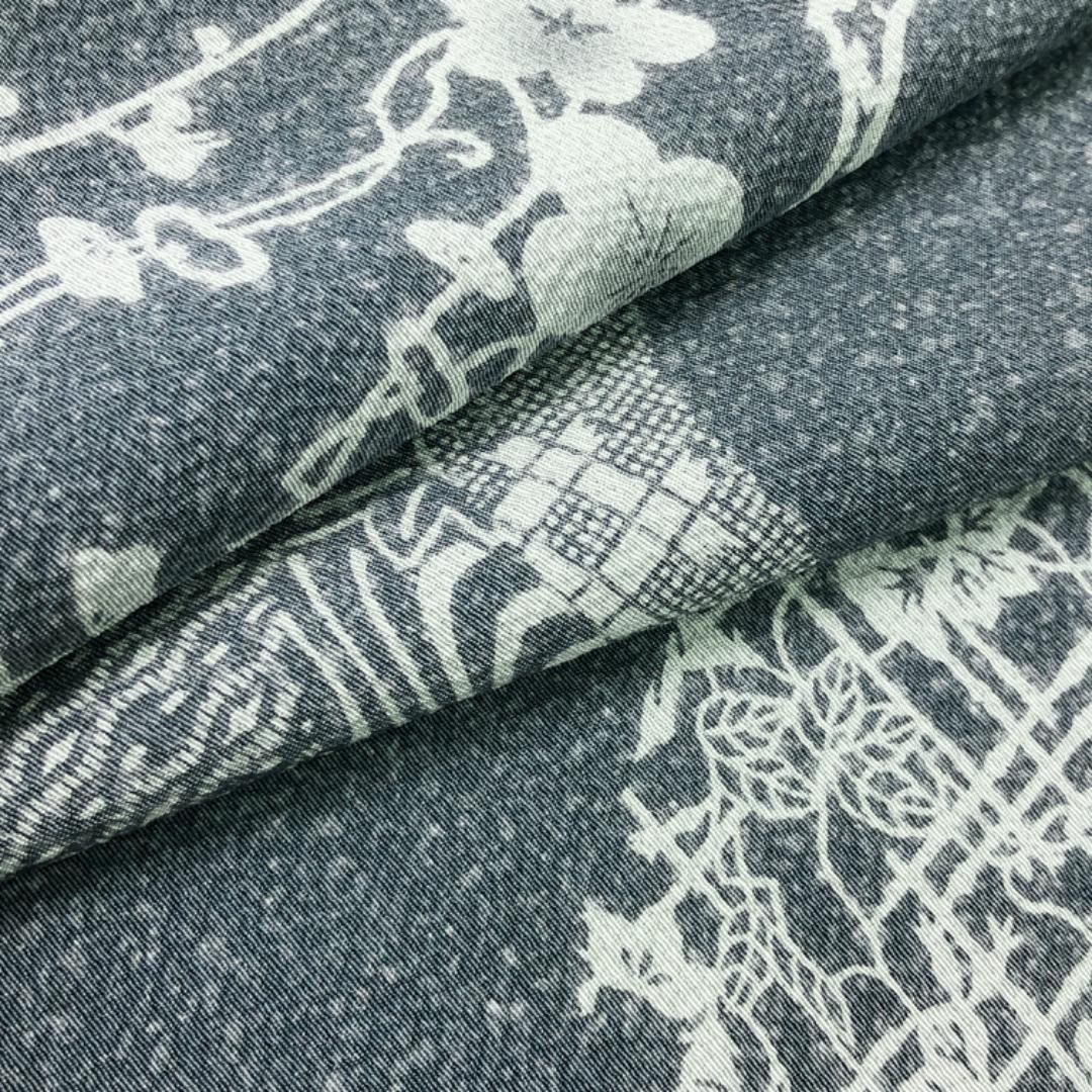 ☆ 訪問着 作家物 古代型七十七選 道長取り 薄藍鼠色 縮緬 K-4607