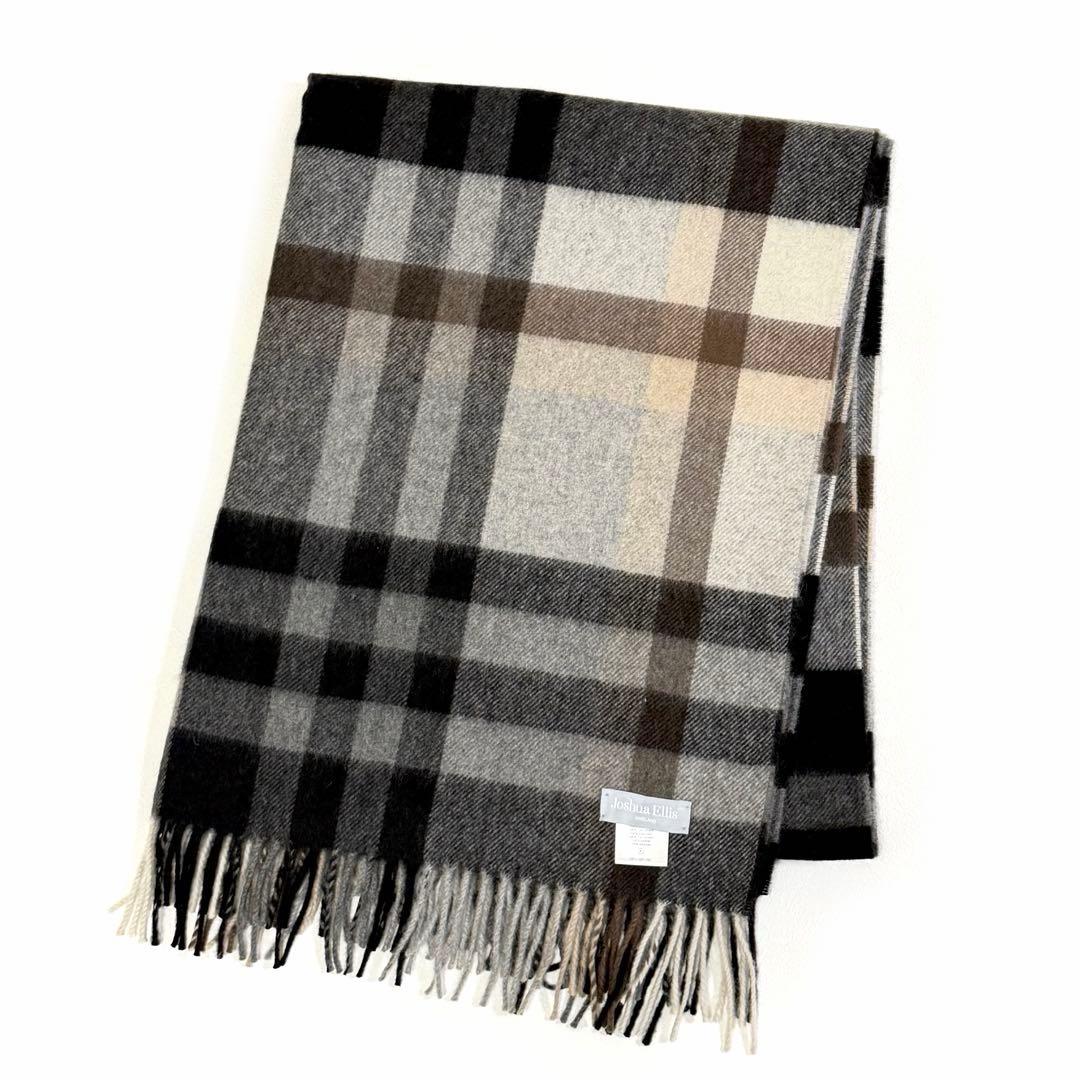 ジョシュアエリス 大判ストール マフラー カシミヤ100% チェック グレー