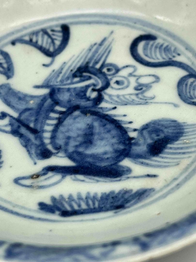 明時代　染付 青花神獣文盤　麒麟文古染付皿 唐物　古賞物　時代物(D-76)