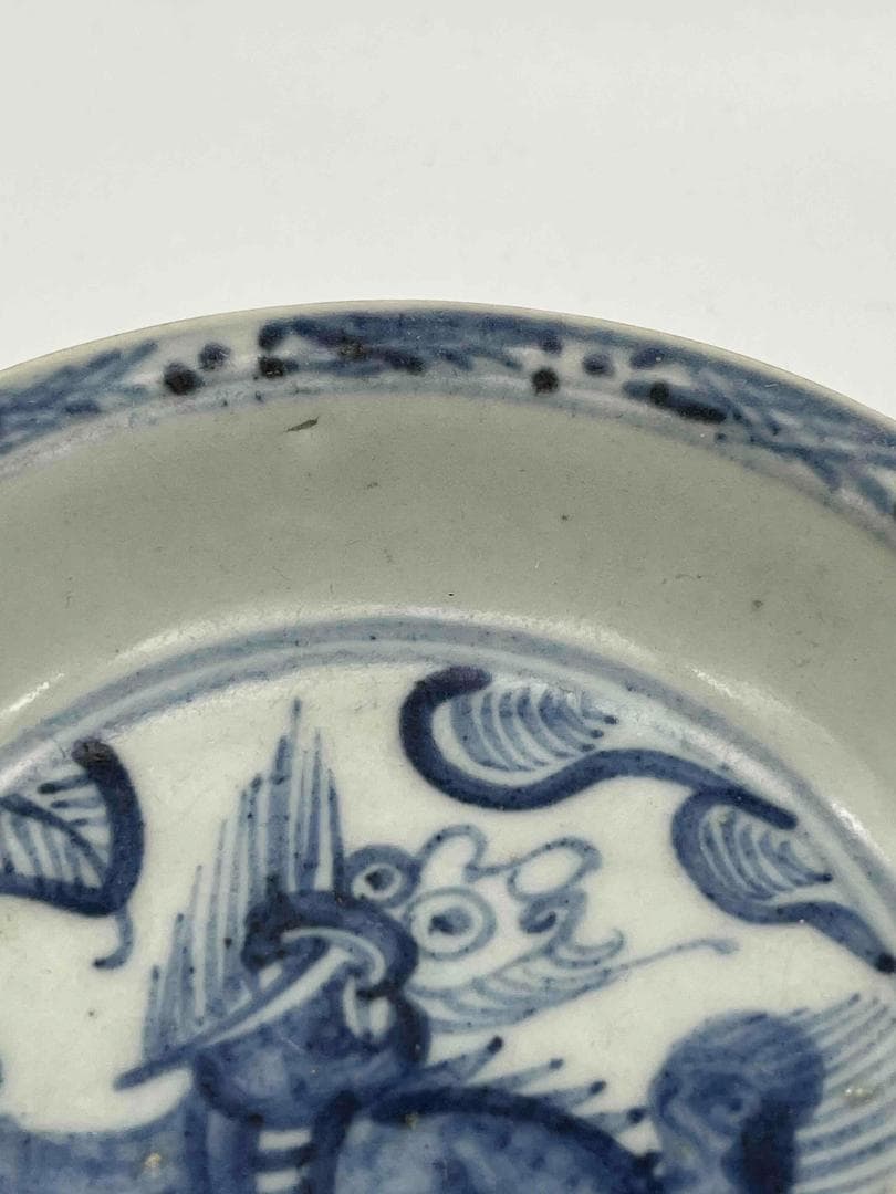 明時代　染付 青花神獣文盤　麒麟文古染付皿 唐物　古賞物　時代物(D-76)
