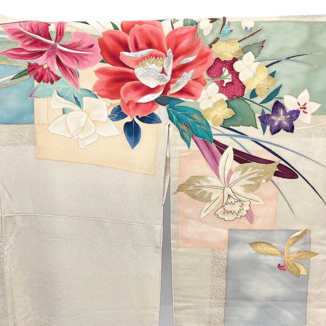 アンティーク　訪問着　刺繍　花模様　菊　百合　蘭　梅　紋無し　着物　112b d