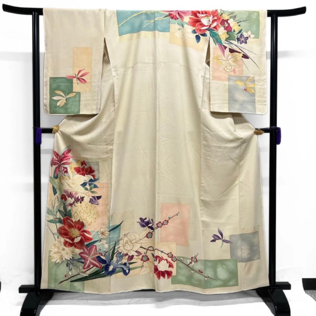 アンティーク　訪問着　刺繍　花模様　菊　百合　蘭　梅　紋無し　着物　112b d