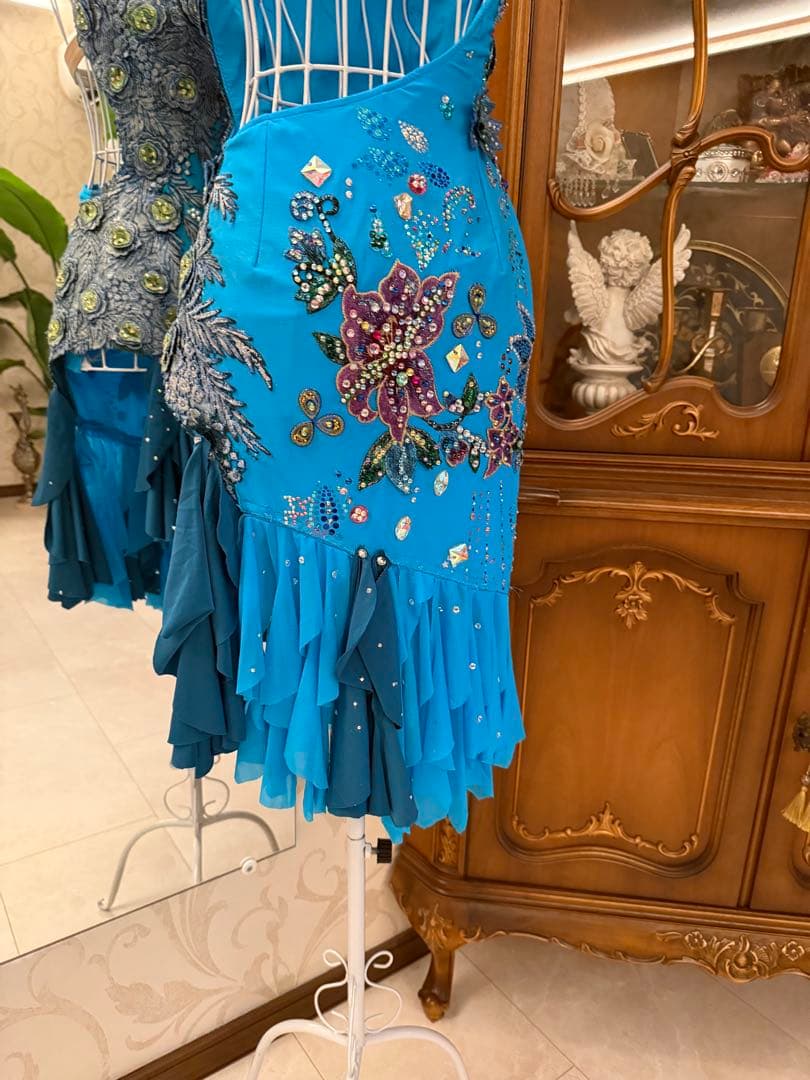 社交ダンス　ブルー　ラテン　ドレス　MＬ