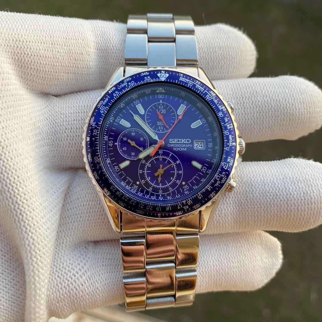 SEIKO クロノグラフ 100M クォーツ 腕時計 ブルー文字盤
