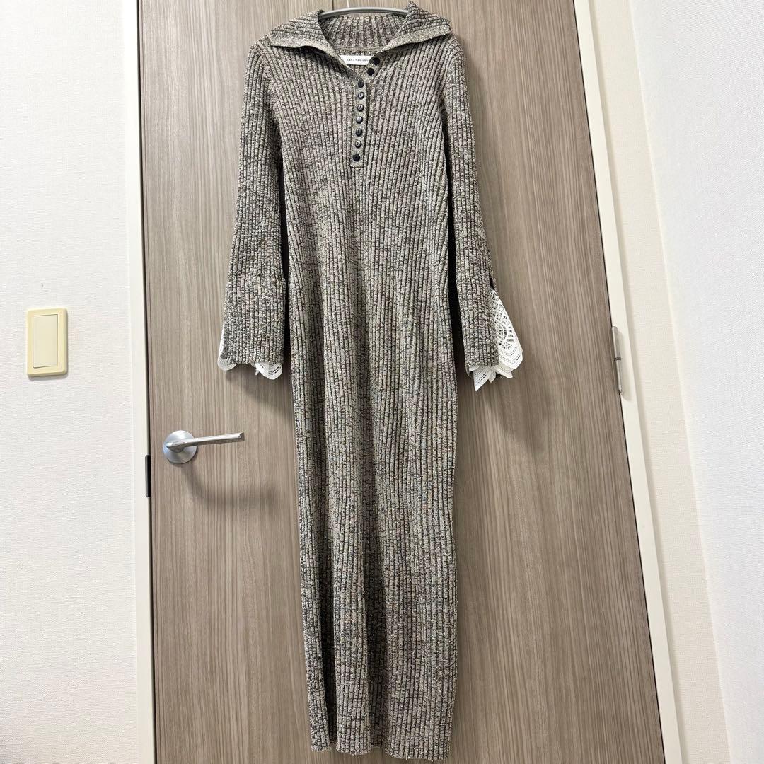 【美品】ラグナムーン レーススリーブネップリブニットワンピース