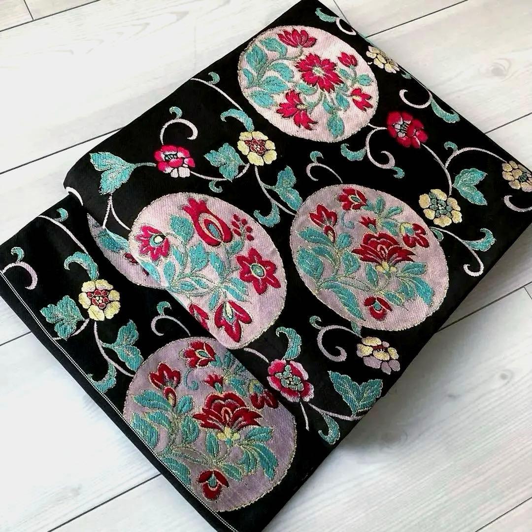 アンティーク京袋帯　花唐草模様の織り出し　大正ロマン　正絹　洒落帯　25