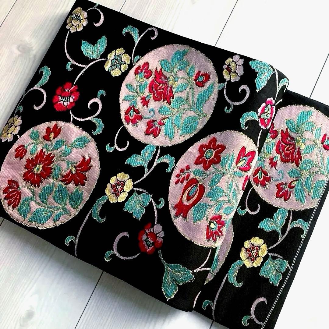 アンティーク京袋帯　花唐草模様の織り出し　大正ロマン　正絹　洒落帯　25