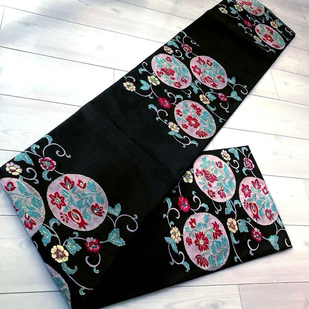 アンティーク京袋帯　花唐草模様の織り出し　大正ロマン　正絹　洒落帯　25