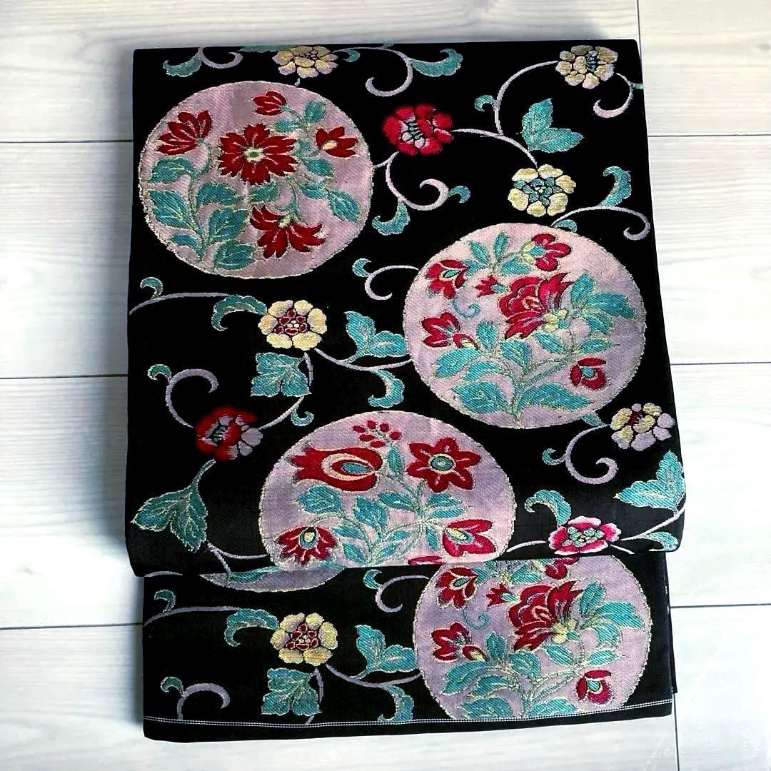 アンティーク京袋帯　花唐草模様の織り出し　大正ロマン　正絹　洒落帯　25