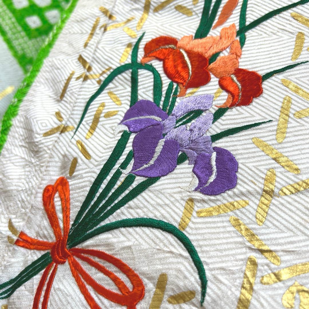 448 振袖フルセット 正絹 グリーン 黄緑 総刺繍 金彩 絞り レトロ 古風