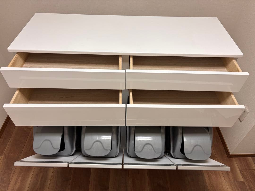 送料込み！【ゴミ箱＆食器棚】ホワイト収納キャビネット 引き出し・扉付き