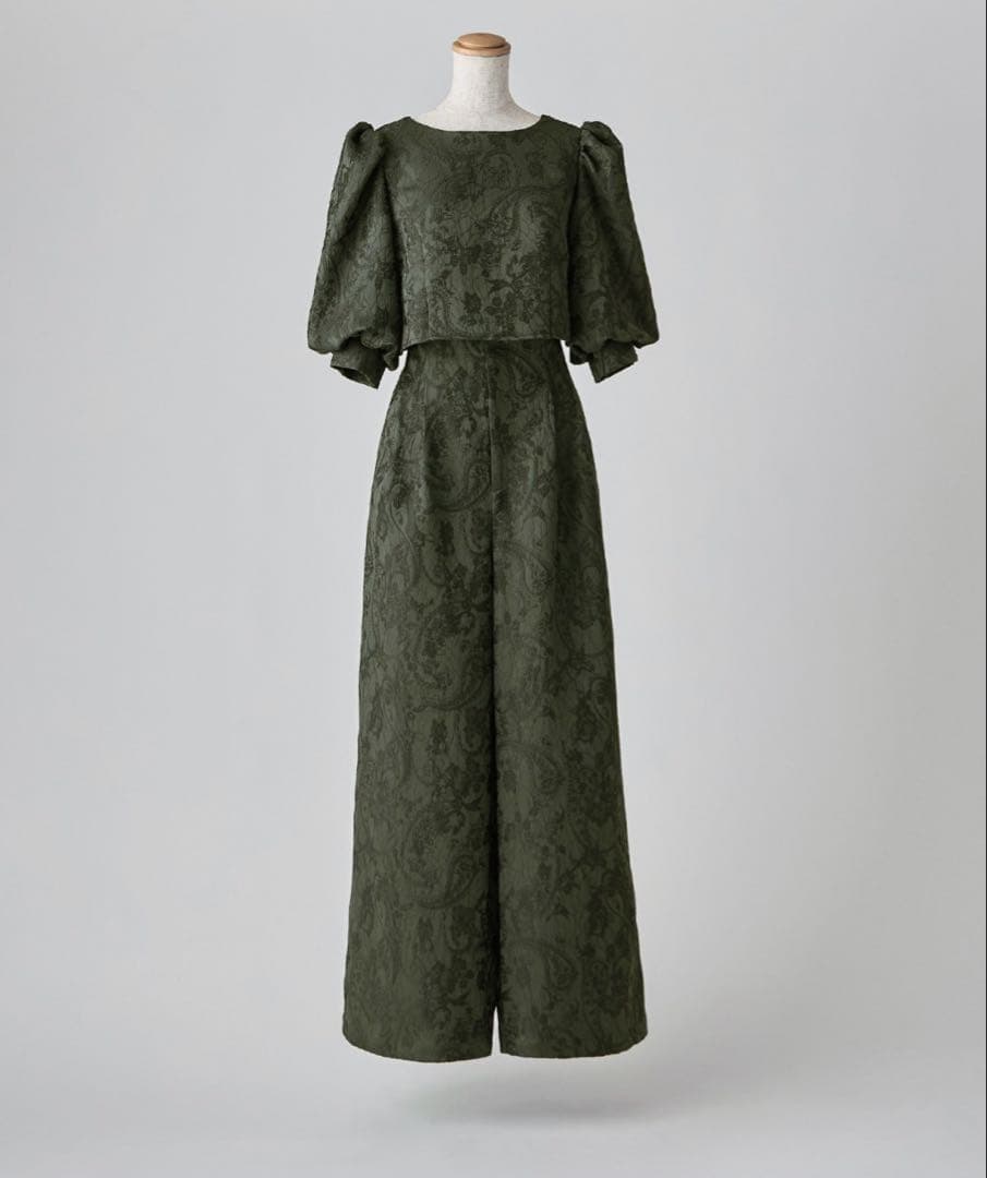 パンツドレス ジャガードクロップブラウス＆タックワイドパンツセットアップ　S