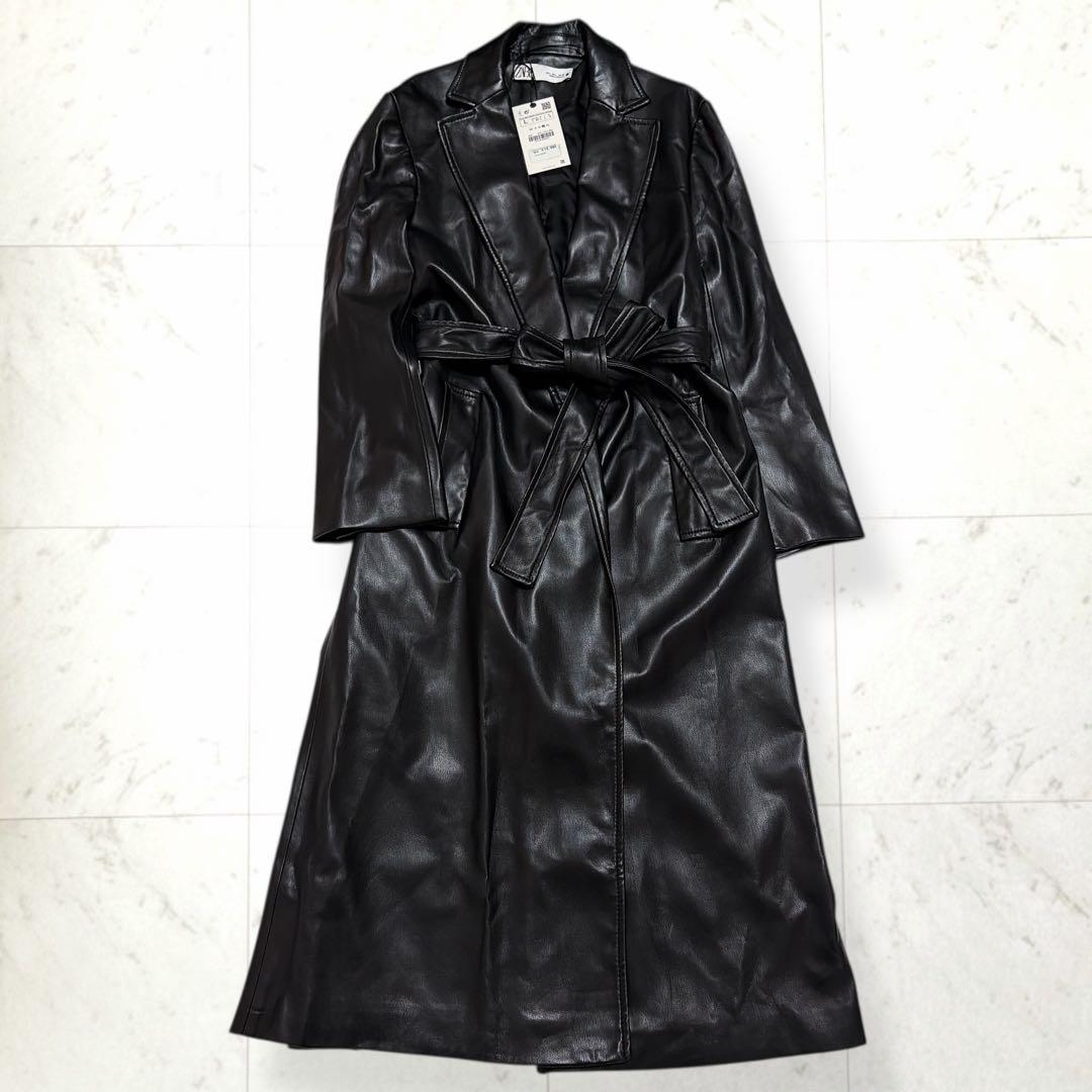 新品＊ZARA ベルト付き フェイクレザー ロングコート 黒 L