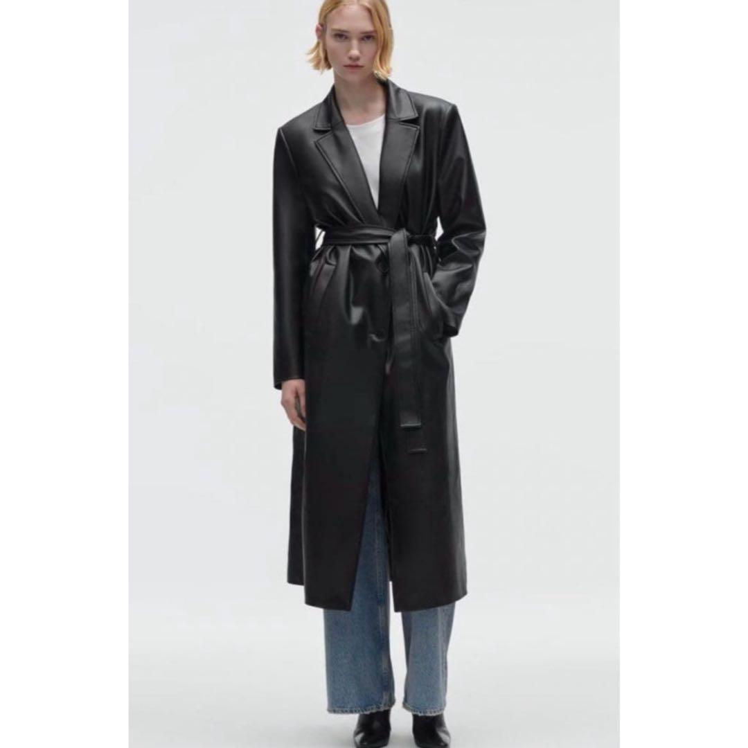 新品＊ZARA ベルト付き フェイクレザー ロングコート 黒 L