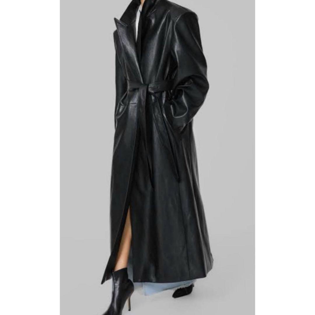 新品＊ZARA ベルト付き フェイクレザー ロングコート 黒 L