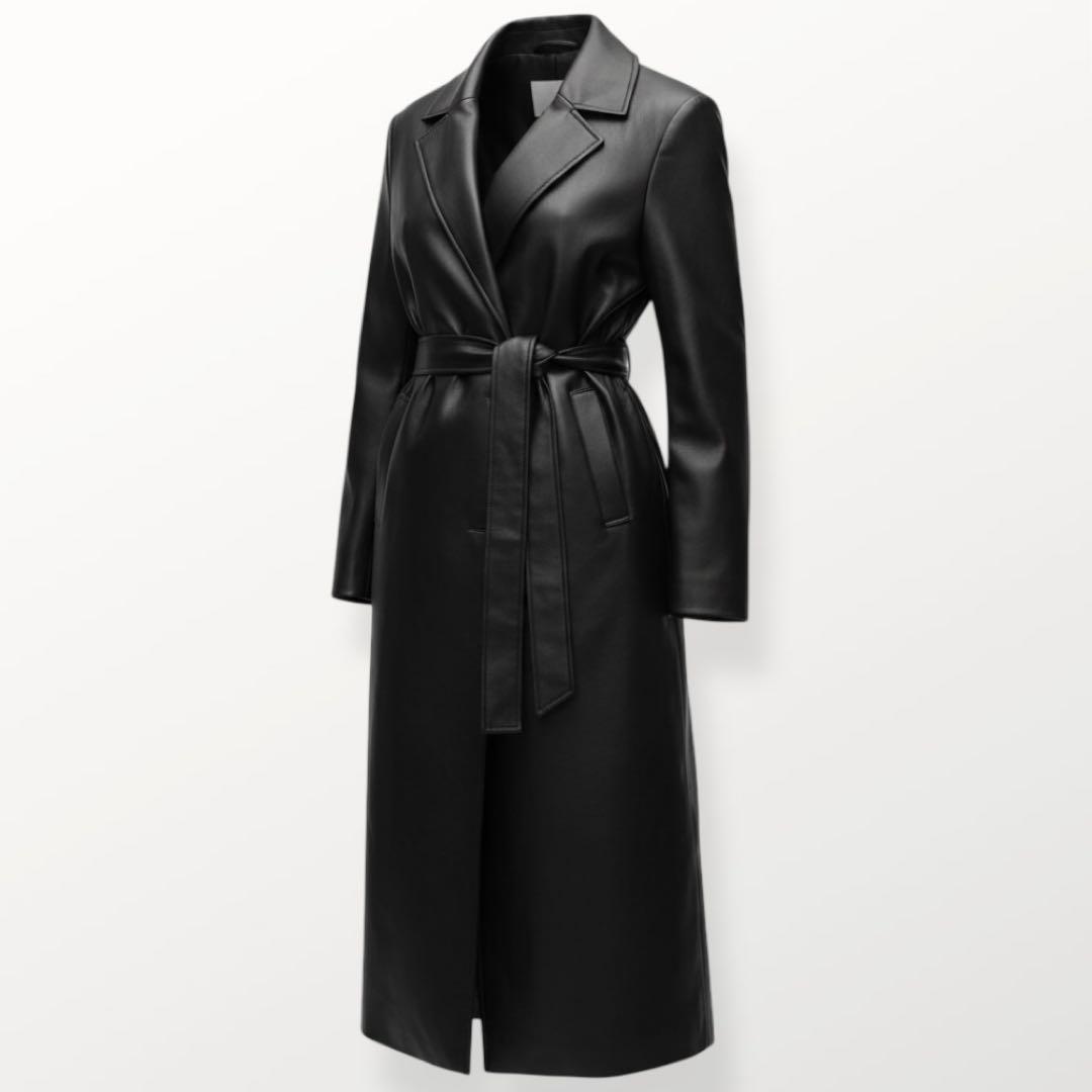 新品＊ZARA ベルト付き フェイクレザー ロングコート 黒 L