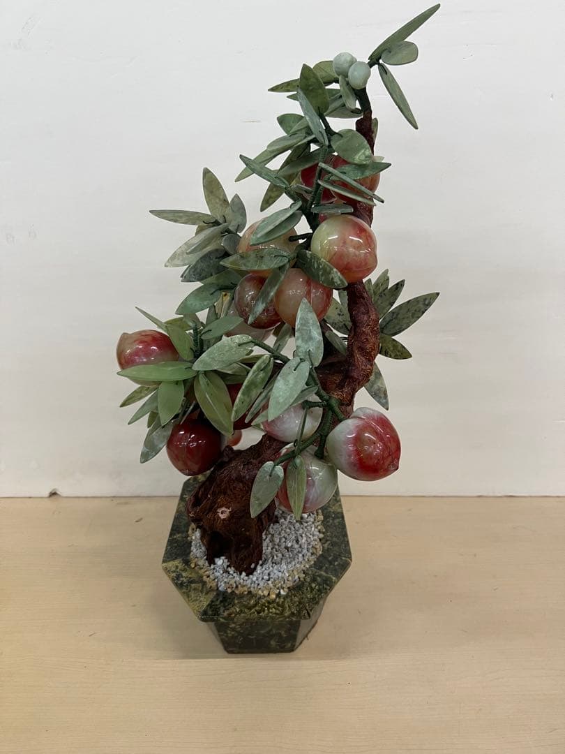 中国美術　桃樹玉石　桃木玉石盆栽　景泰藍　石細工彫刻　置物　縁起物