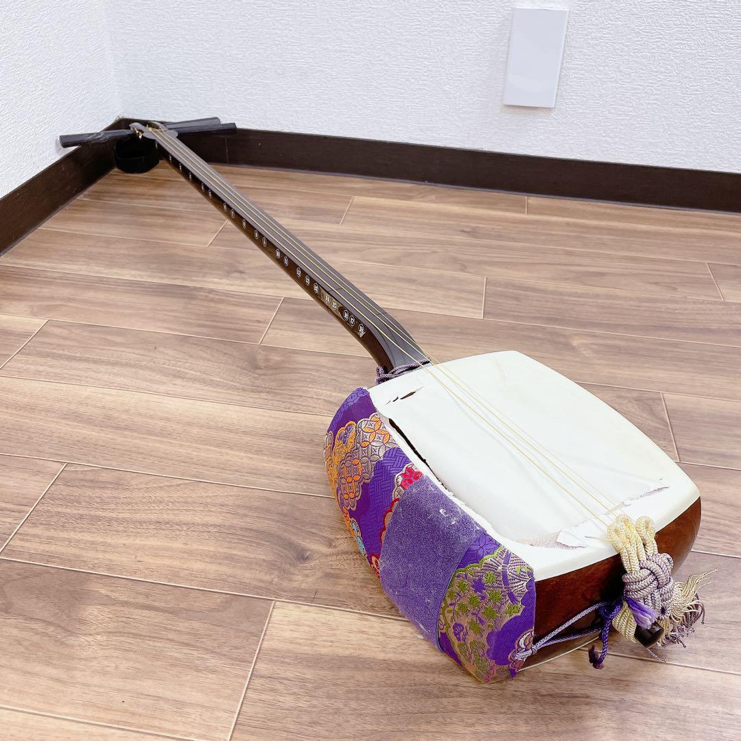 三味線 中棹 紅木 綾杉胴 犬皮 1本溝 和楽器