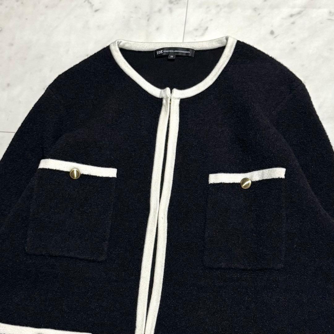 美品 ミニブークレニット バイカラー ジャケット ブラック×アイボリー 38