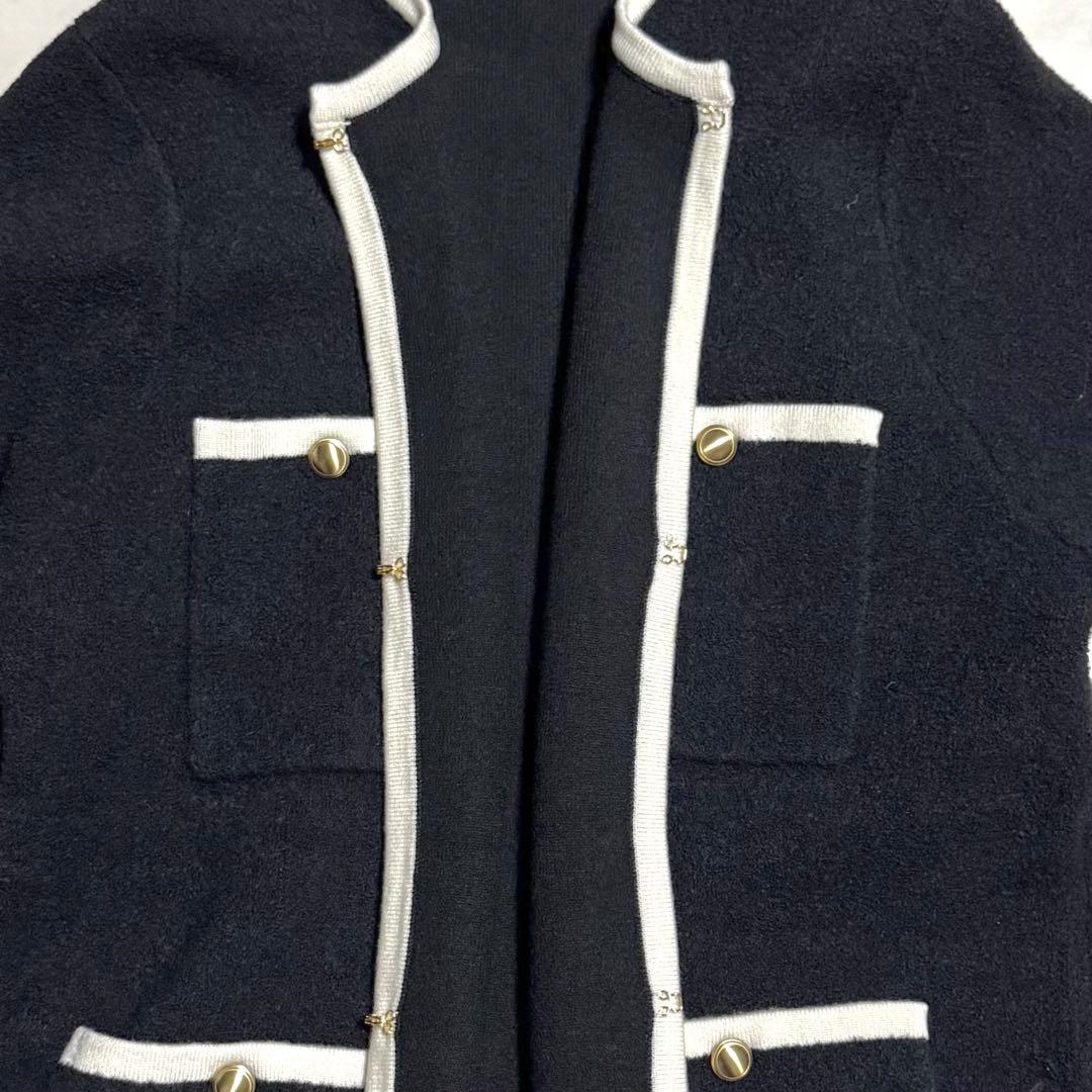 美品 ミニブークレニット バイカラー ジャケット ブラック×アイボリー 38