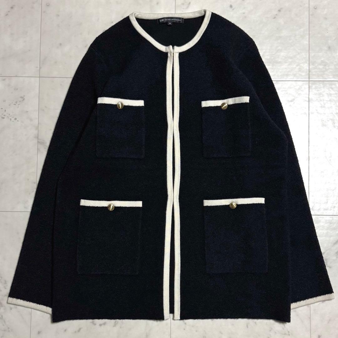 美品 ミニブークレニット バイカラー ジャケット ブラック×アイボリー 38