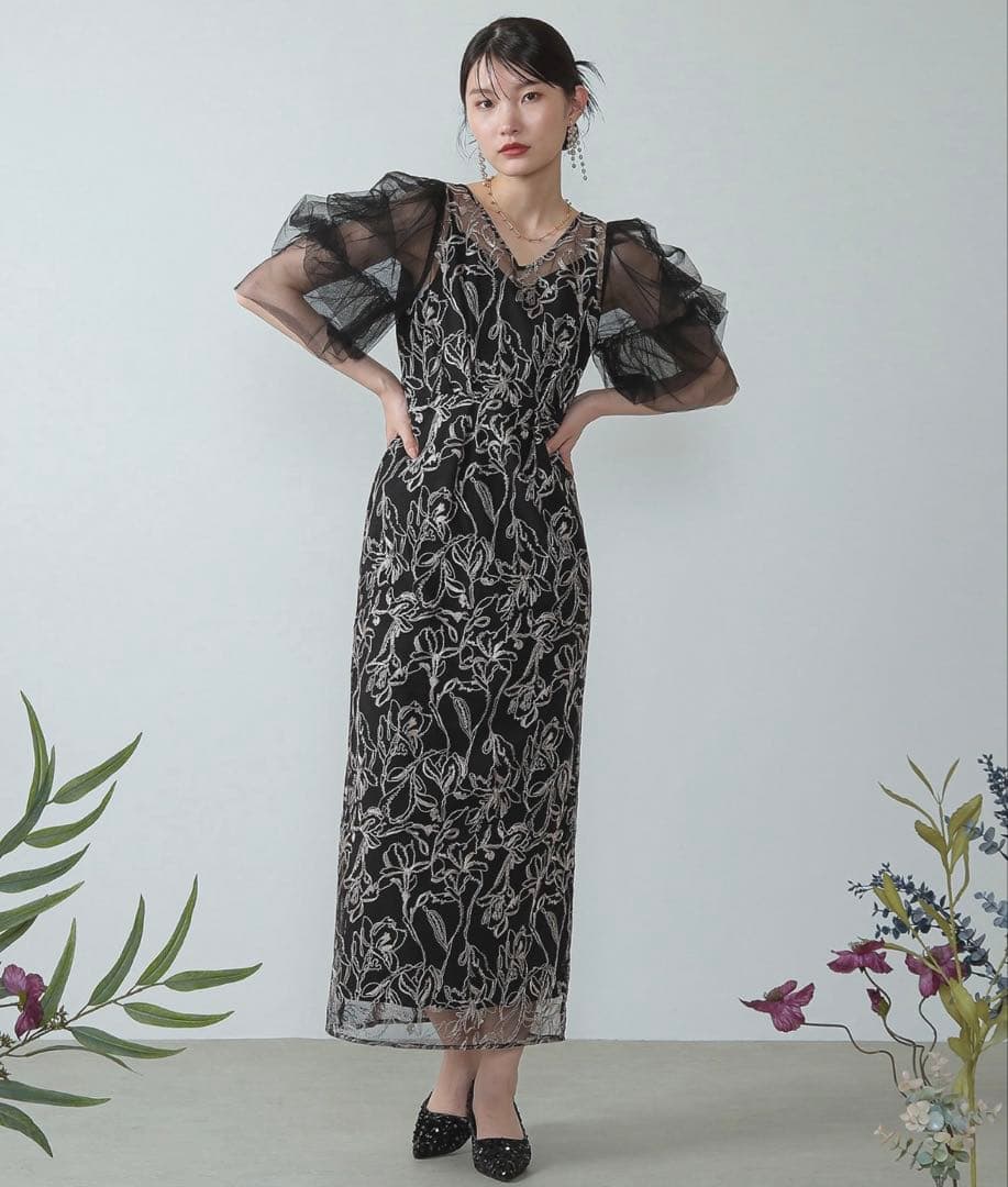 刺繍レース チュールスリーブ コクーン オケージョンドレス　Kanaドレス