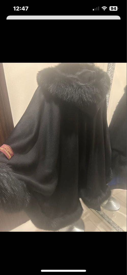 ポテトカシミヤフォックスファートリム大判マント　ポンチョ着丈83センチ