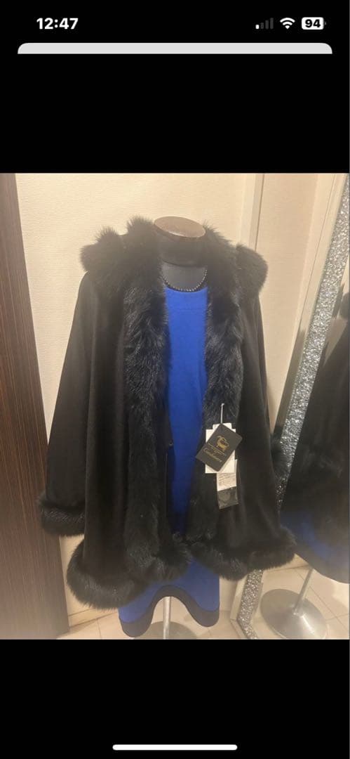 ポテトカシミヤフォックスファートリム大判マント　ポンチョ着丈83センチ