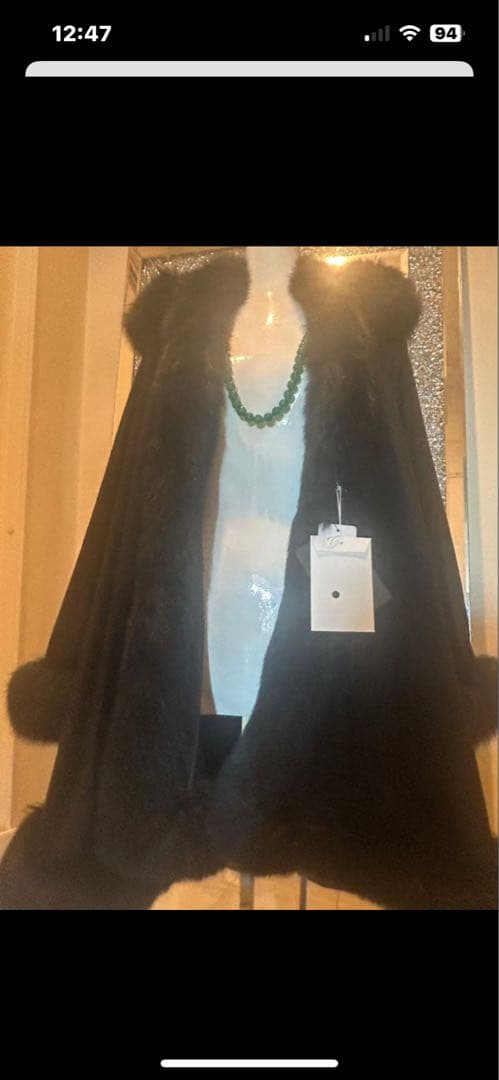 ポテトカシミヤフォックスファートリム大判マント　ポンチョ着丈83センチ