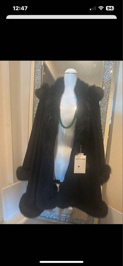 ポテトカシミヤフォックスファートリム大判マント　ポンチョ着丈83センチ