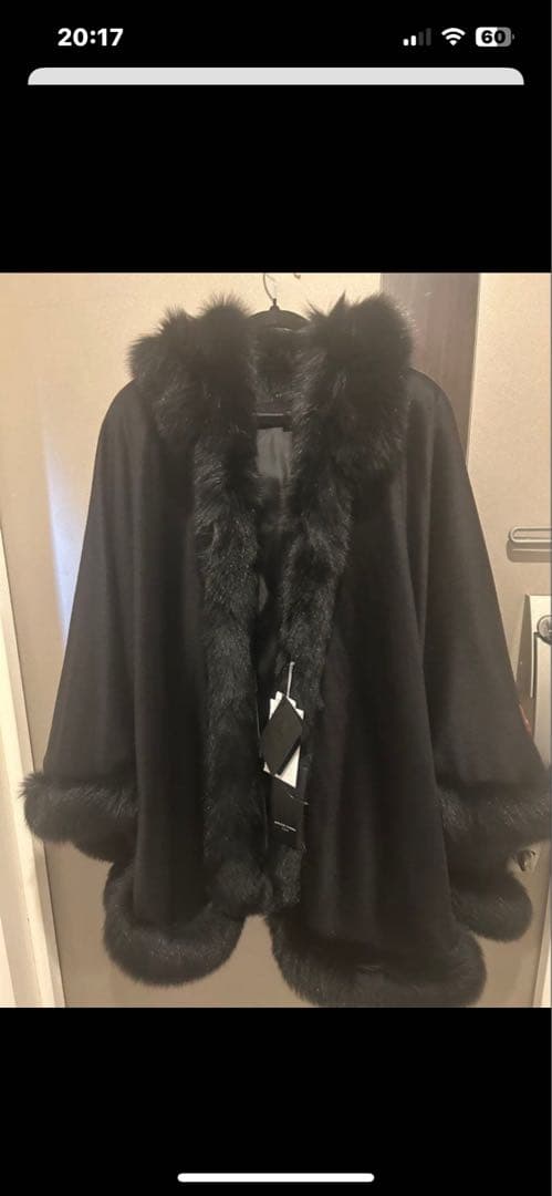 ポテトカシミヤフォックスファートリム大判マント　ポンチョ着丈83センチ