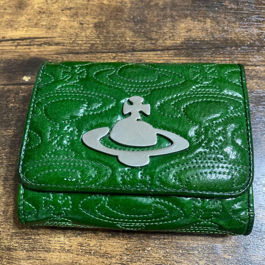 希少Vivienne Westwoodエナメル総柄刺繍折り財布グリーン