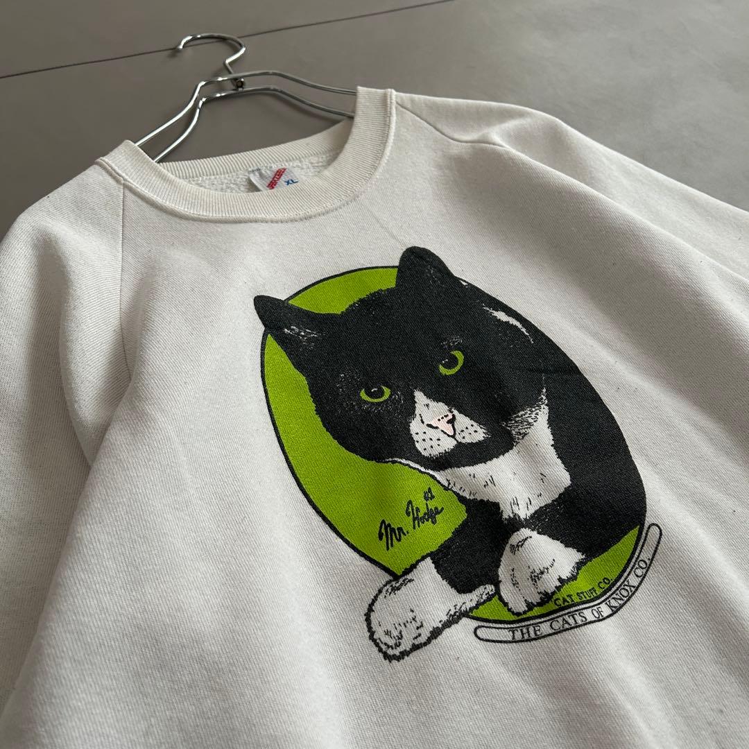 80s JERZEES USA製 黒猫 アニマルプリント ラグランスウェット