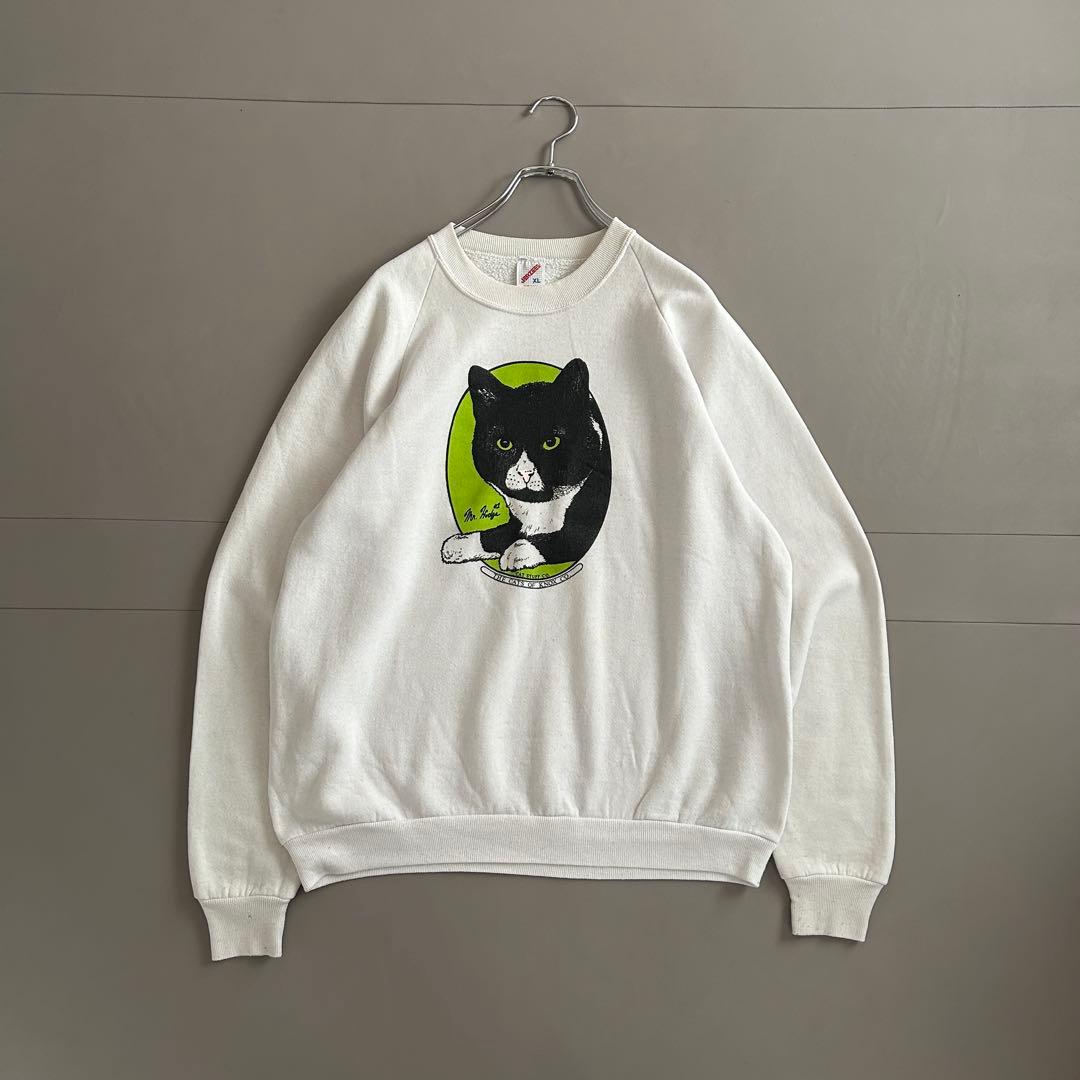 80s JERZEES USA製 黒猫 アニマルプリント ラグランスウェット