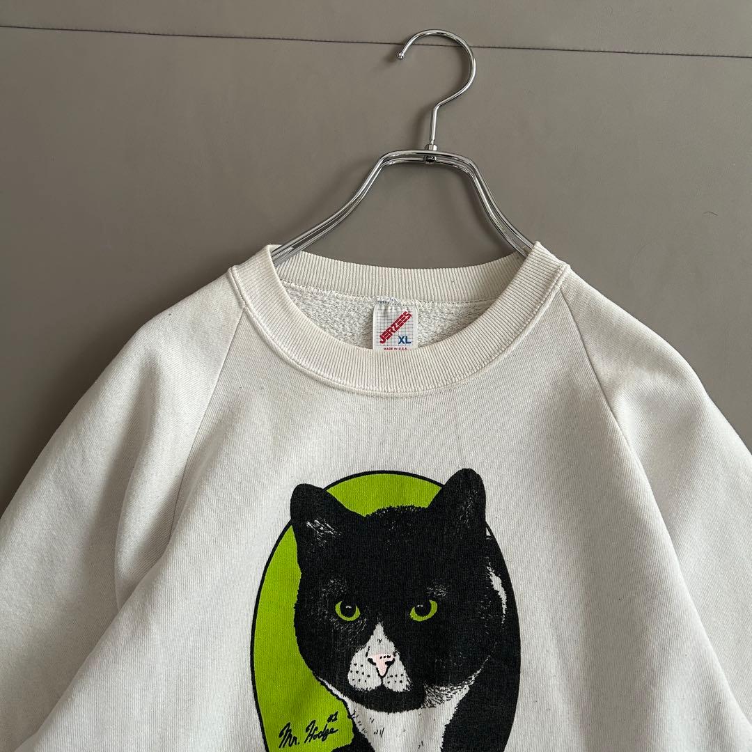 80s JERZEES USA製 黒猫 アニマルプリント ラグランスウェット