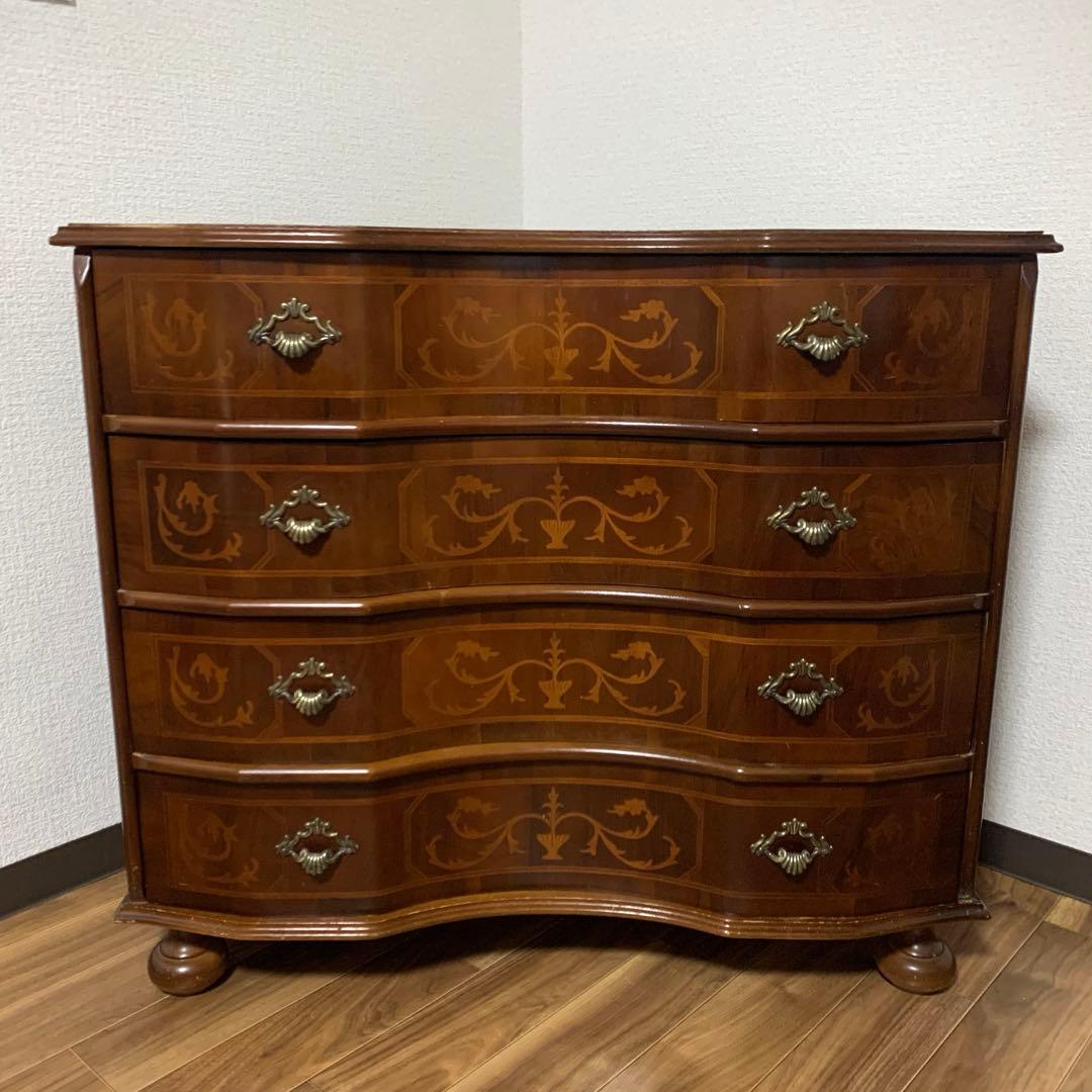 イタリア 4段チェスト 丸脚 象嵌 引き出し アンティーク調　収納　キャビネット