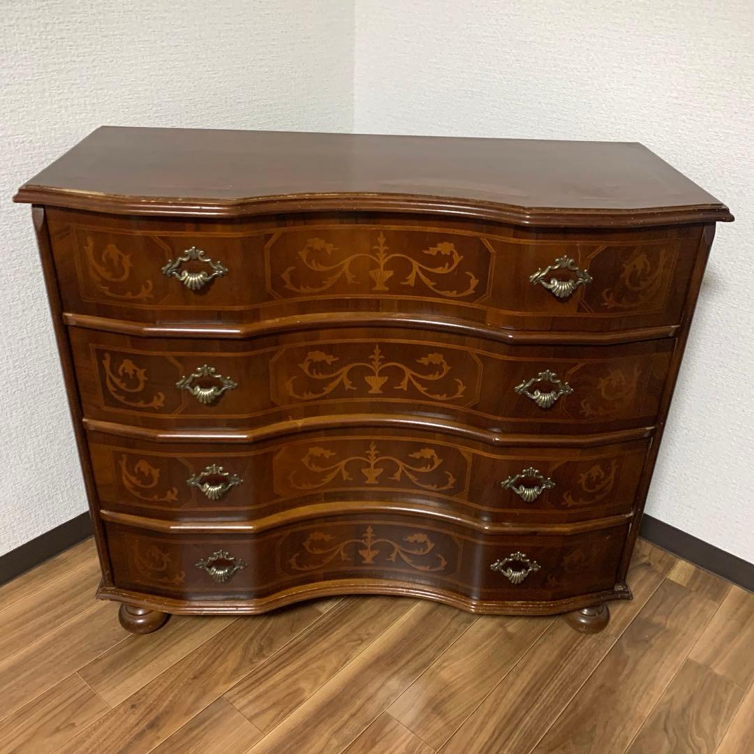 イタリア 4段チェスト 丸脚 象嵌 引き出し アンティーク調　収納　キャビネット