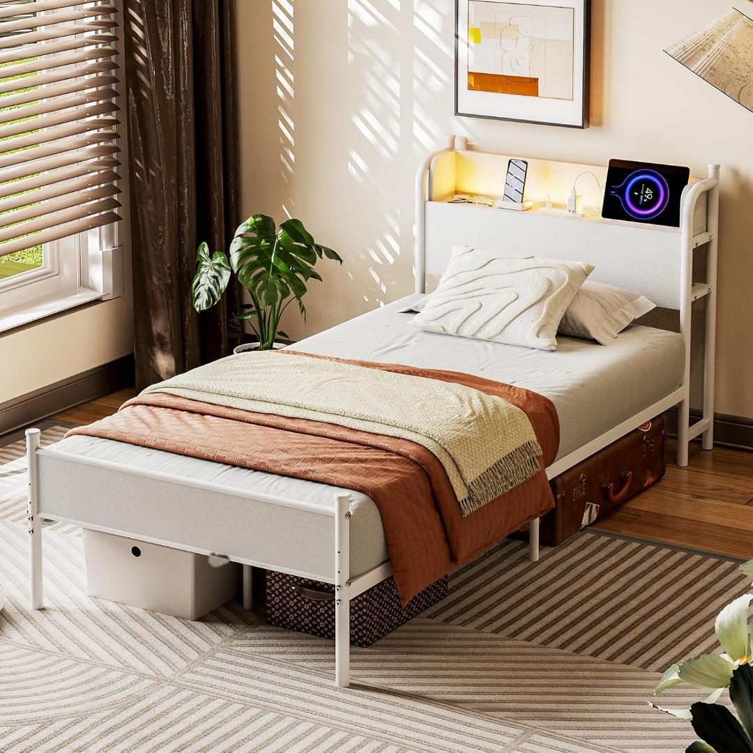 ベッドフレーム シングル パイプベッド コンセント USB充電 RGBライト付き