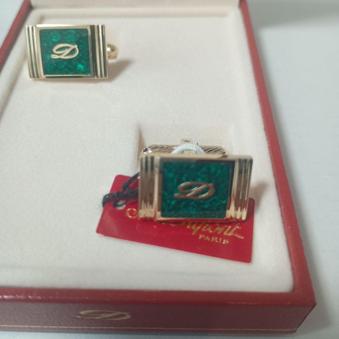 S.T.Dupontのグリーンとゴールドのスクエアカフリンクス