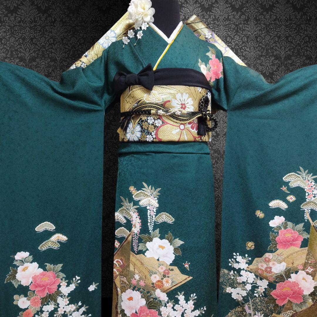 振袖フルセット(7点)・古典柄・金駒刺繍・金彩加工・宝尽くし・正絹